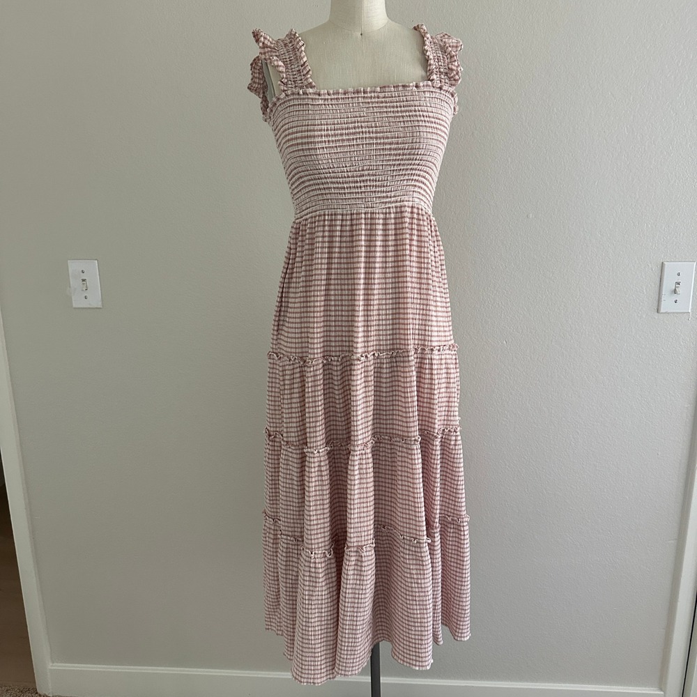 o.p.t Gingham Smocked Tiered Maxi Dress S Pink White Cottagecore Boho